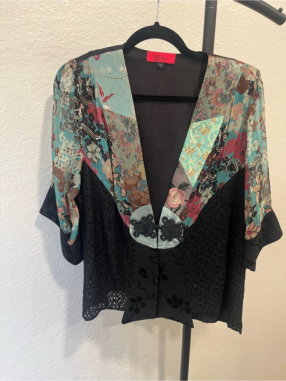 Carina Patchwork Floral Kimono Jacket Size Large Black Teal Boho Asian Inspired